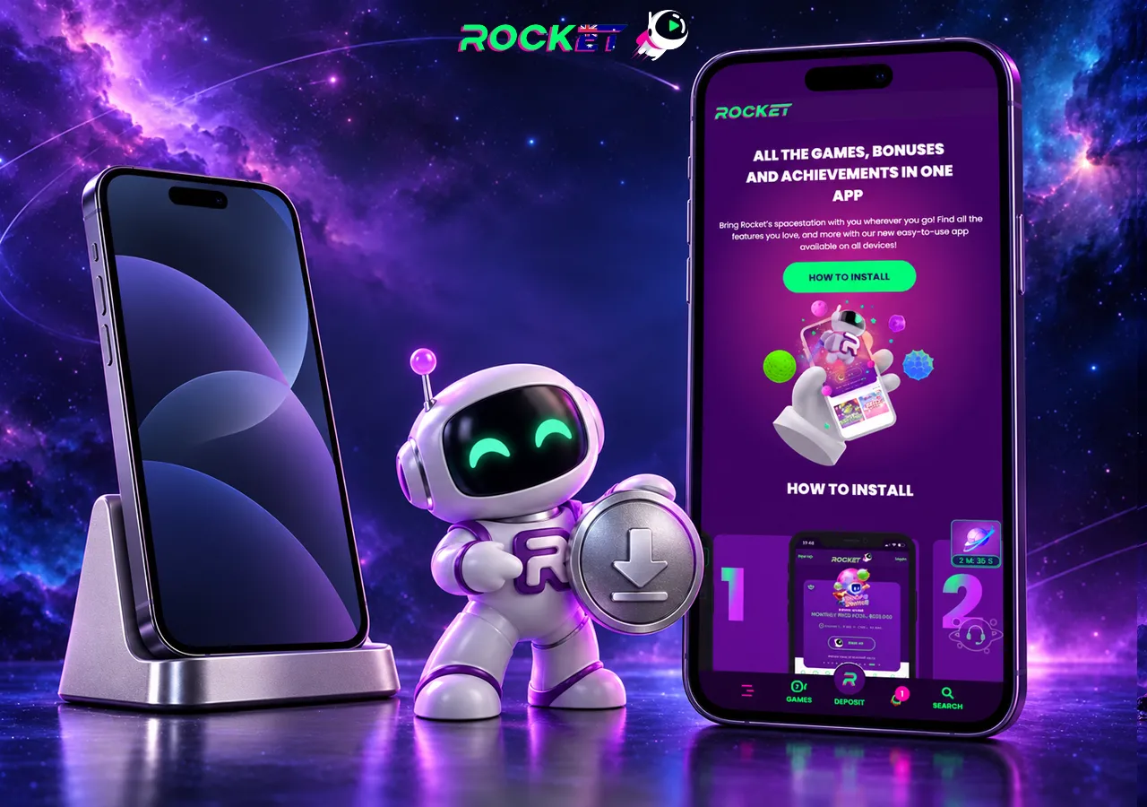 A mobile casino app pairs a phone with a helpful robot and download symbol